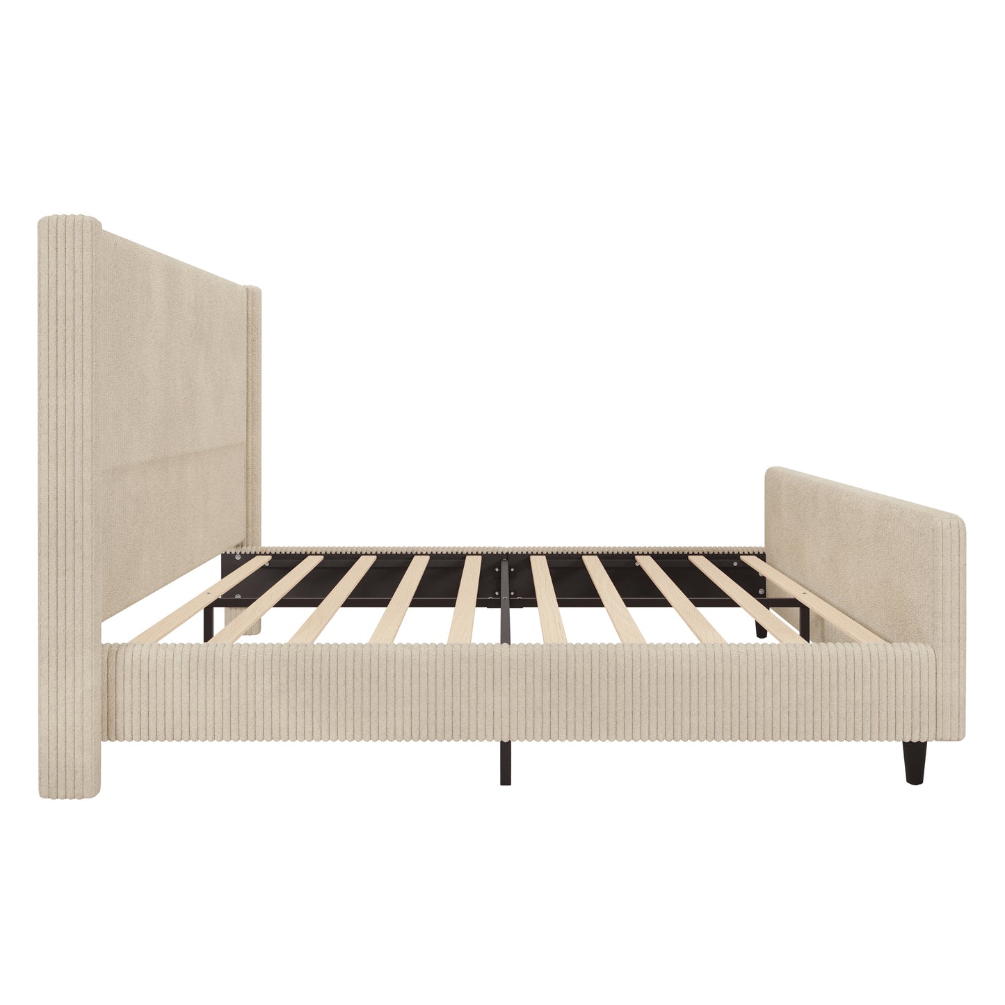 （9.17-9.24补货）50.7'' High Headboard Corduroy Upholstered Bed Frame with Vertical Stripe Wingback and High Footboard No Box Spring Needed, King Size, Cream