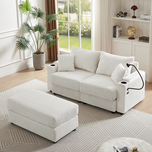 72.8" Modern Style Loveseat Sofa Sectional Sofa Couch with Storage Space, A Movable Ottoman, Two USB Ports, Two Cup Holders, A Phone Holder for Living Room, Beige