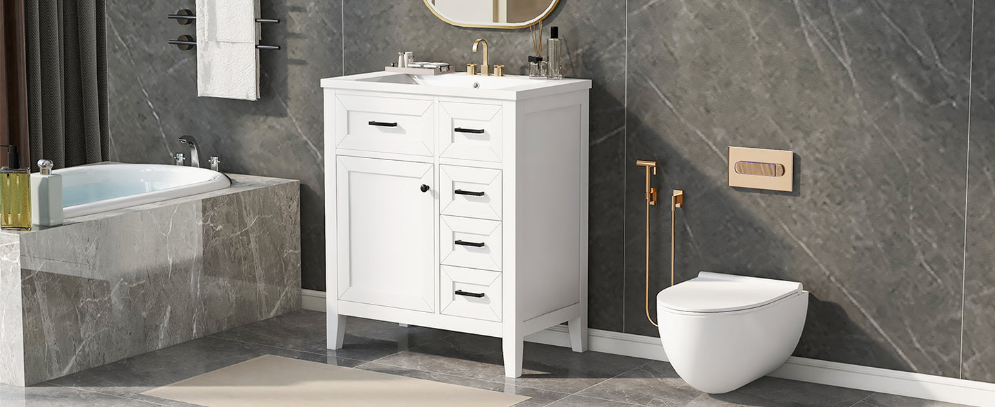 30" Bathroom Vanity with Sink Combo, White Bathroom Cabinet with Drawers, Solid Frame and MDF Board