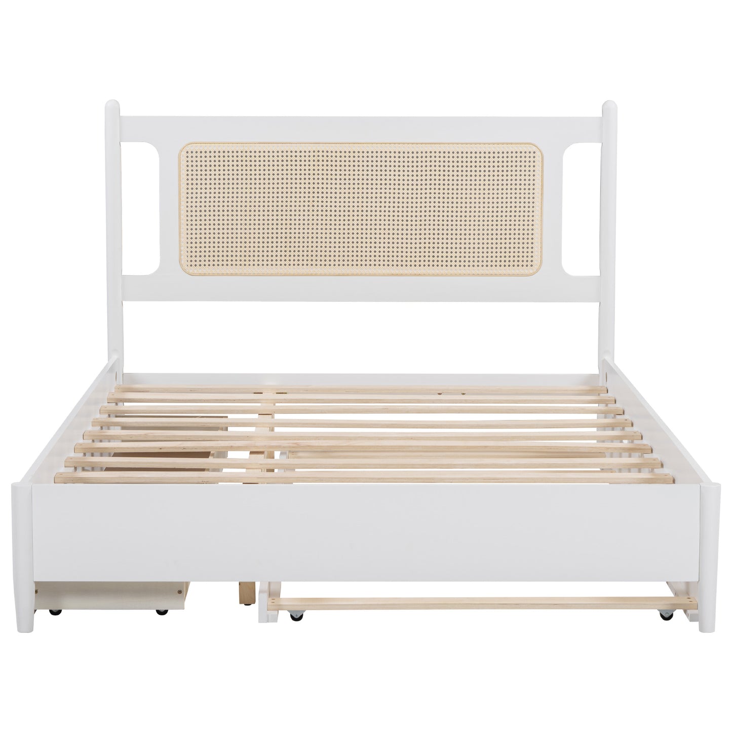 Queen Size Wooden Rattan Platform Bed, with 2 Big Drawers, T Size Trundle, White