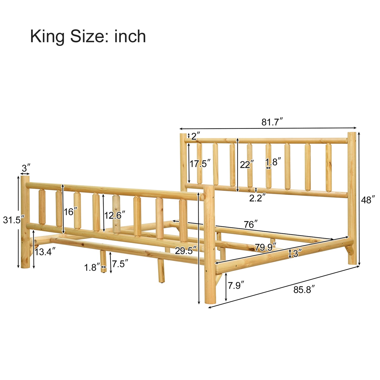 Farmhouse Log Bed Frame King Rustic Style Pure Solid Pine Cylinder Construction Bed Fits Mattresses and Box Springs, Natural Finish