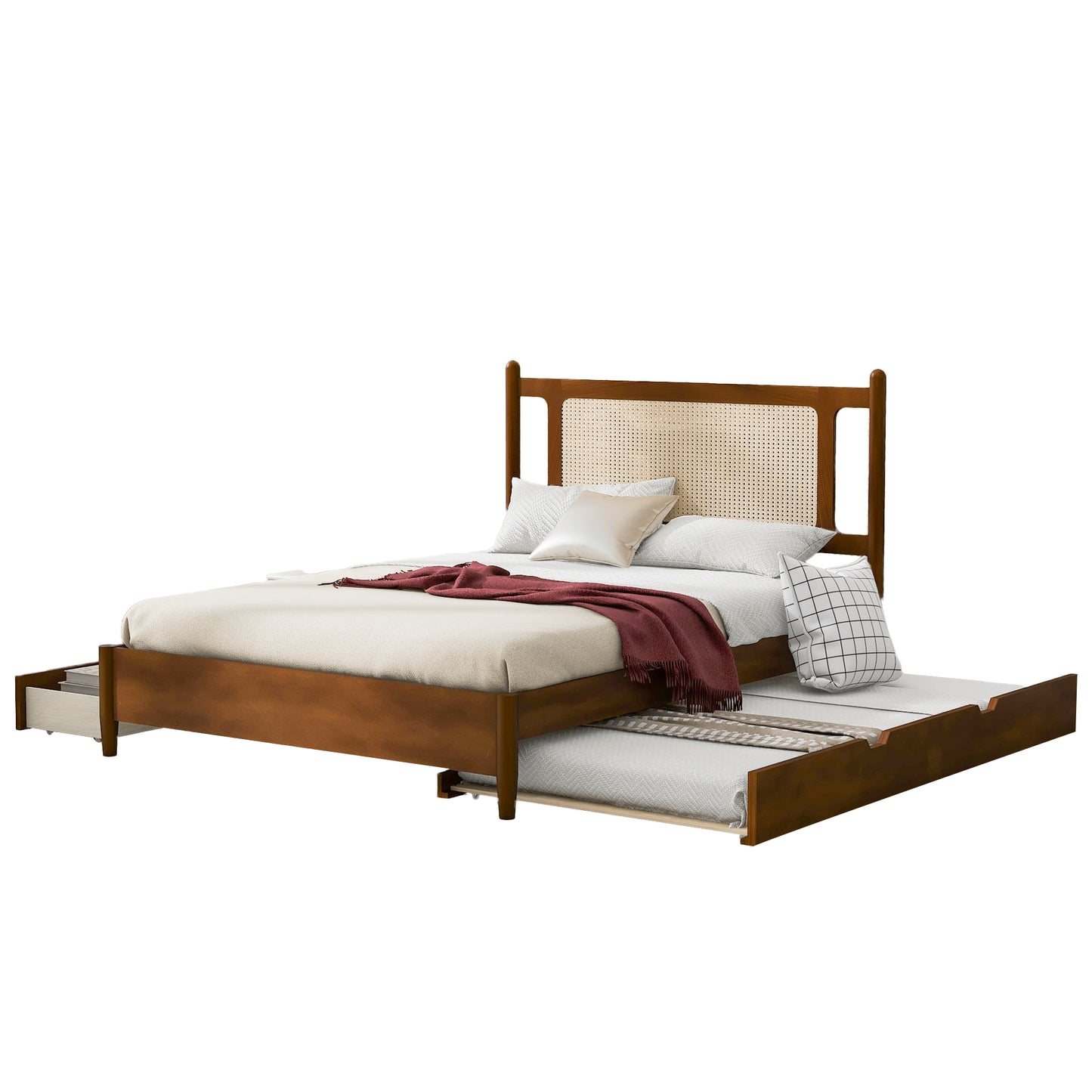 Queen Size Wooden Rattan Platform Bed, with 2 Big Drawers, T Size Trundle, Brown