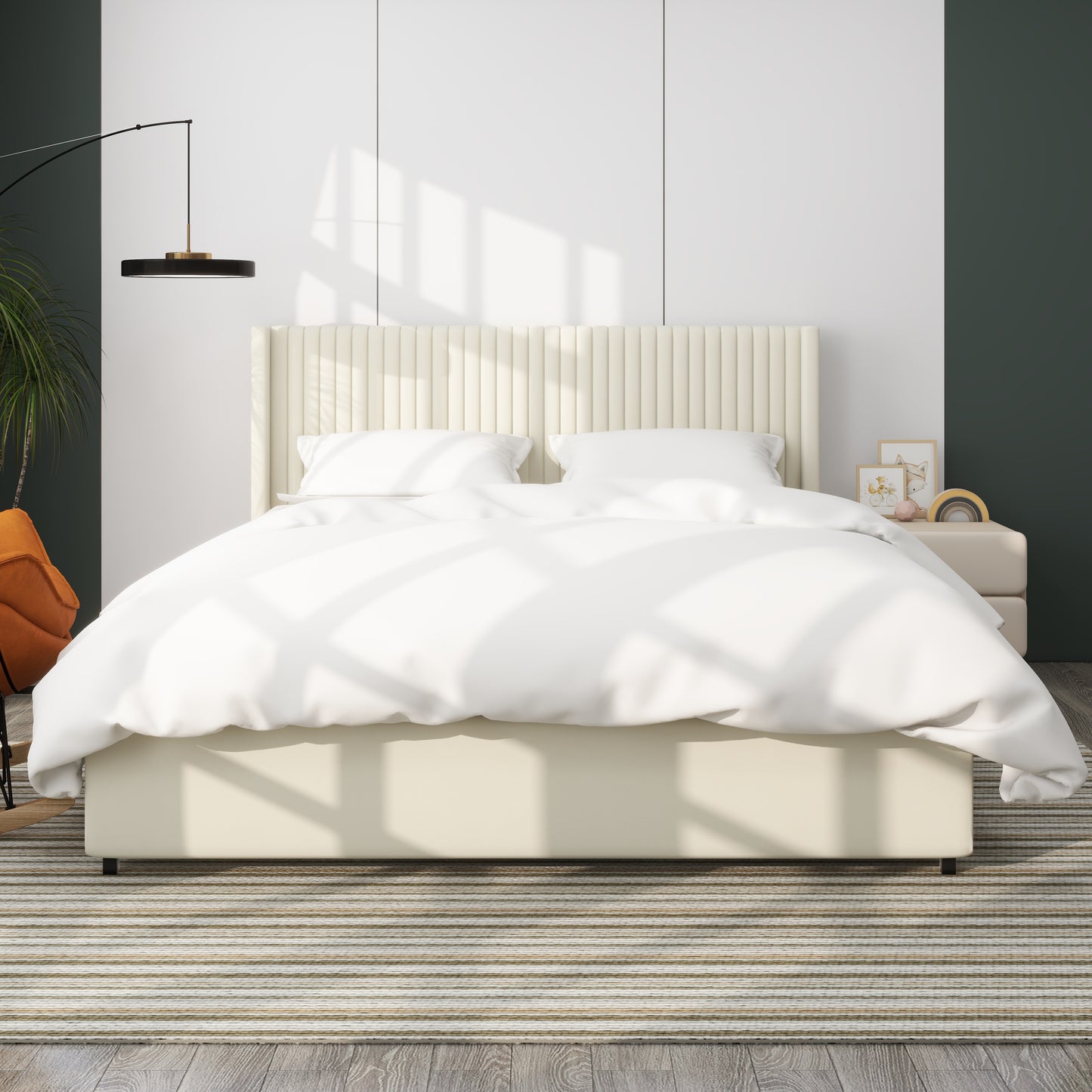 Anna Patented 2-Drawer Storage Bed Queen Size Ivory Velvet Upholstered Wingback Platform Bed, Modern Design Headboard with Tight Channel, Wooden Slat Mattress Support No Box Spring Needed