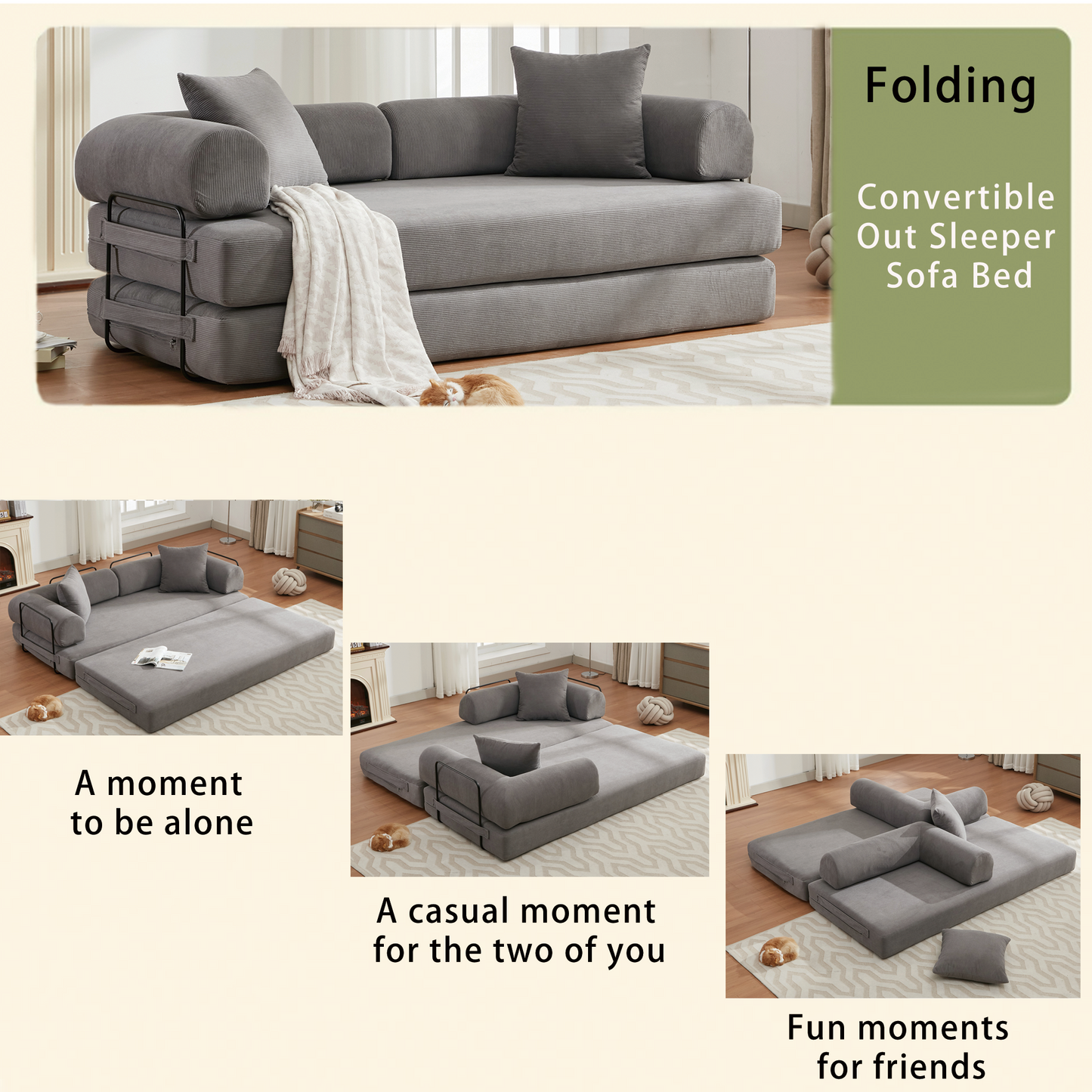 （绿、黑、灰三色全部缺货，预计12.23-12.30到货）[NEW ARRIVED] [VIDEO PROVIDED] 78.5" Folding Convertible Out Sleeper Sofa Bed,4-in-1 DIY Combination Convertible Sofa,3 seat, Folding Sofa, King Size , Bedroom,Apartment,Corduroy,Green,Gray