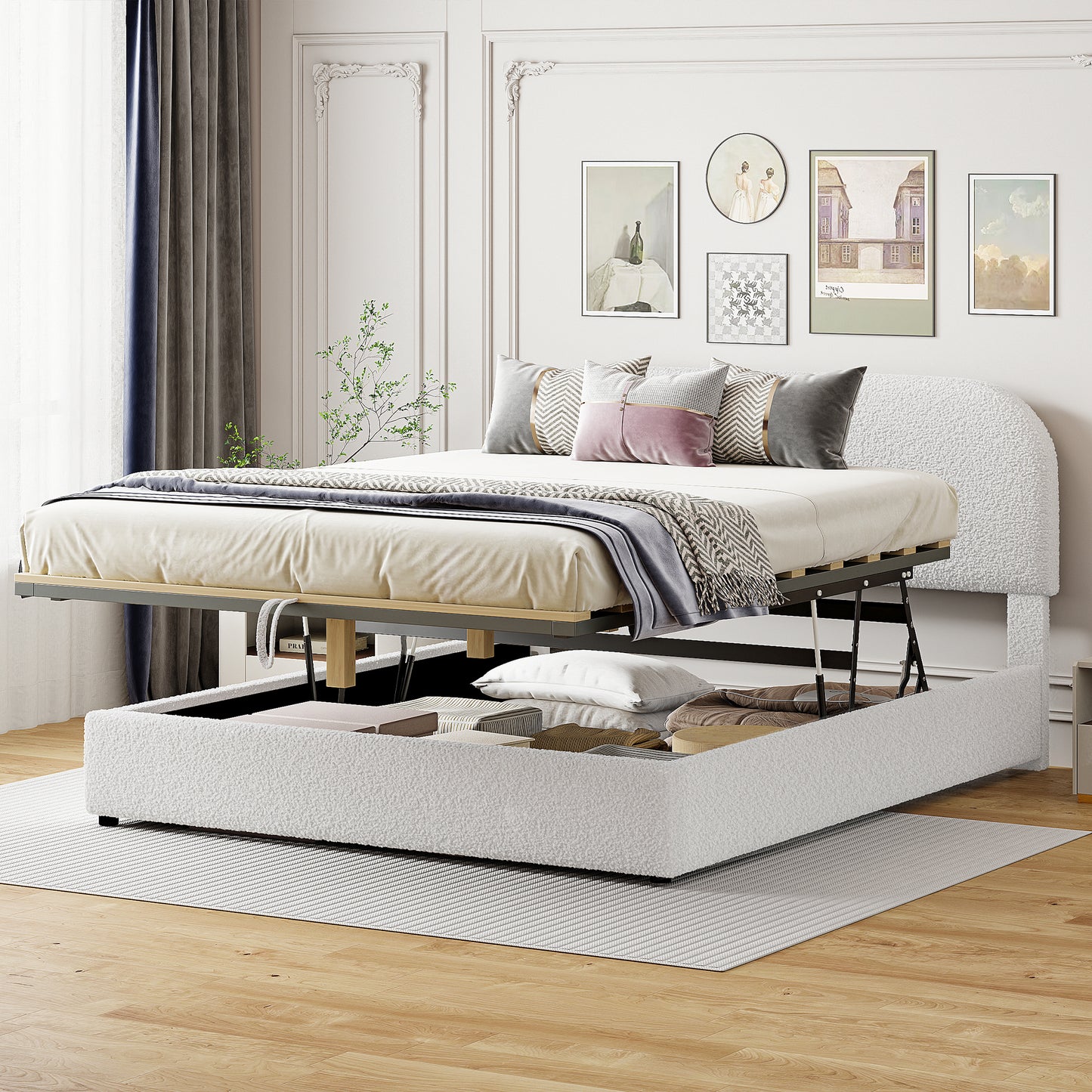 Teddy Fleece Queen Size Upholstered Platform Bed with Hydraulic Storage System, White