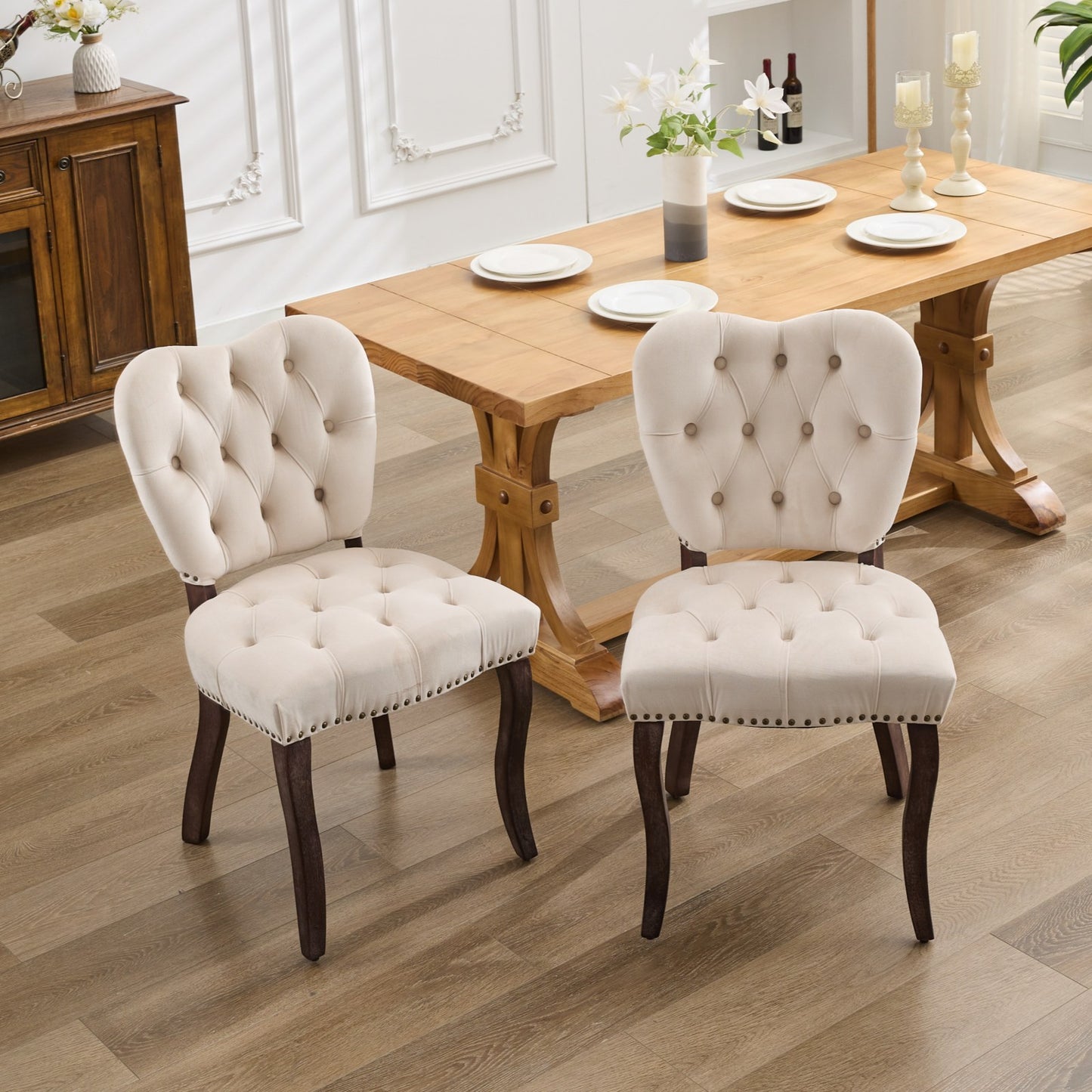 French Vintage Tufted Upholstered Fabric Dining Chair,Set of 2,Beige,SW1869BG