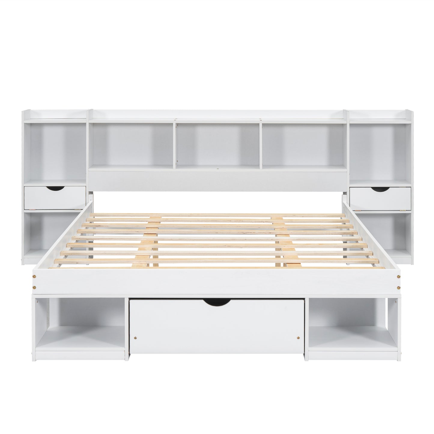 Queen Size Wood Platform Bed with Multi-storage Headboard and a Drawer, White