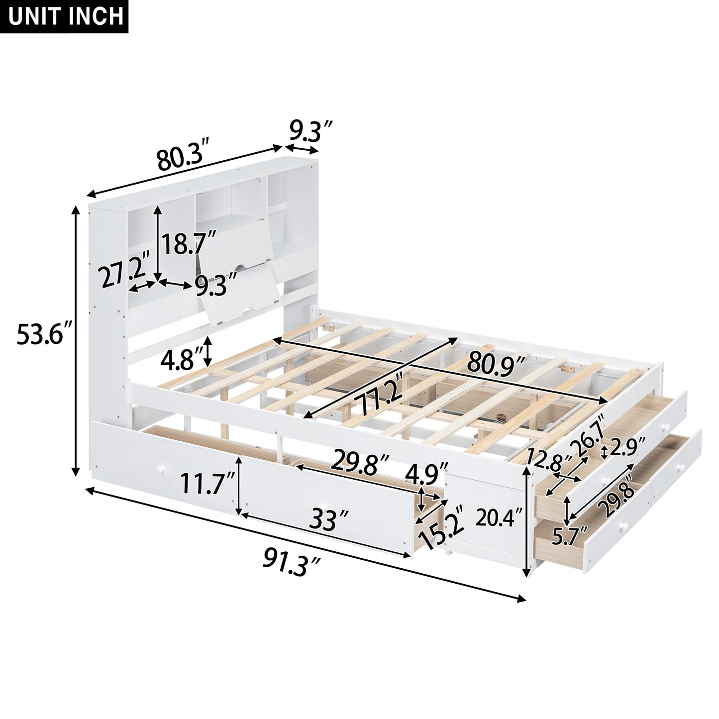 （缺货）King Size Platform Bed with Storage Headboard and 8 Drawers, White