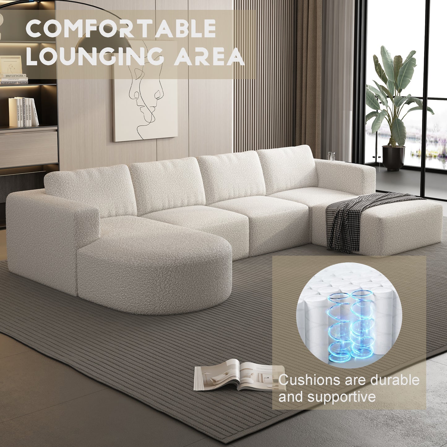 104.32*70.86 Modular Sectional Sofa Sleeper Couch, Sectional Sofa with Chaise and Ottoman, Convertible U Shaped Modular Sofa Set. Compressed sponge, White. (Combo A+B+C+D)