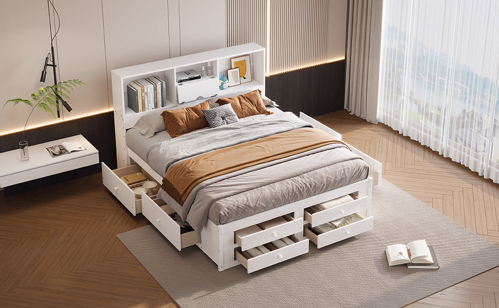 （缺货）King Size Platform Bed with Storage Headboard and 8 Drawers, White