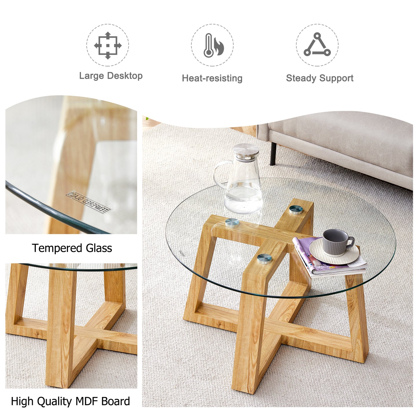 Modern practical circular coffee tables. Made of transparent tempered glass tabletop and wood colored MDF material. Suitable for living rooms and bedrooms.31.5"*31.5"*17.7"