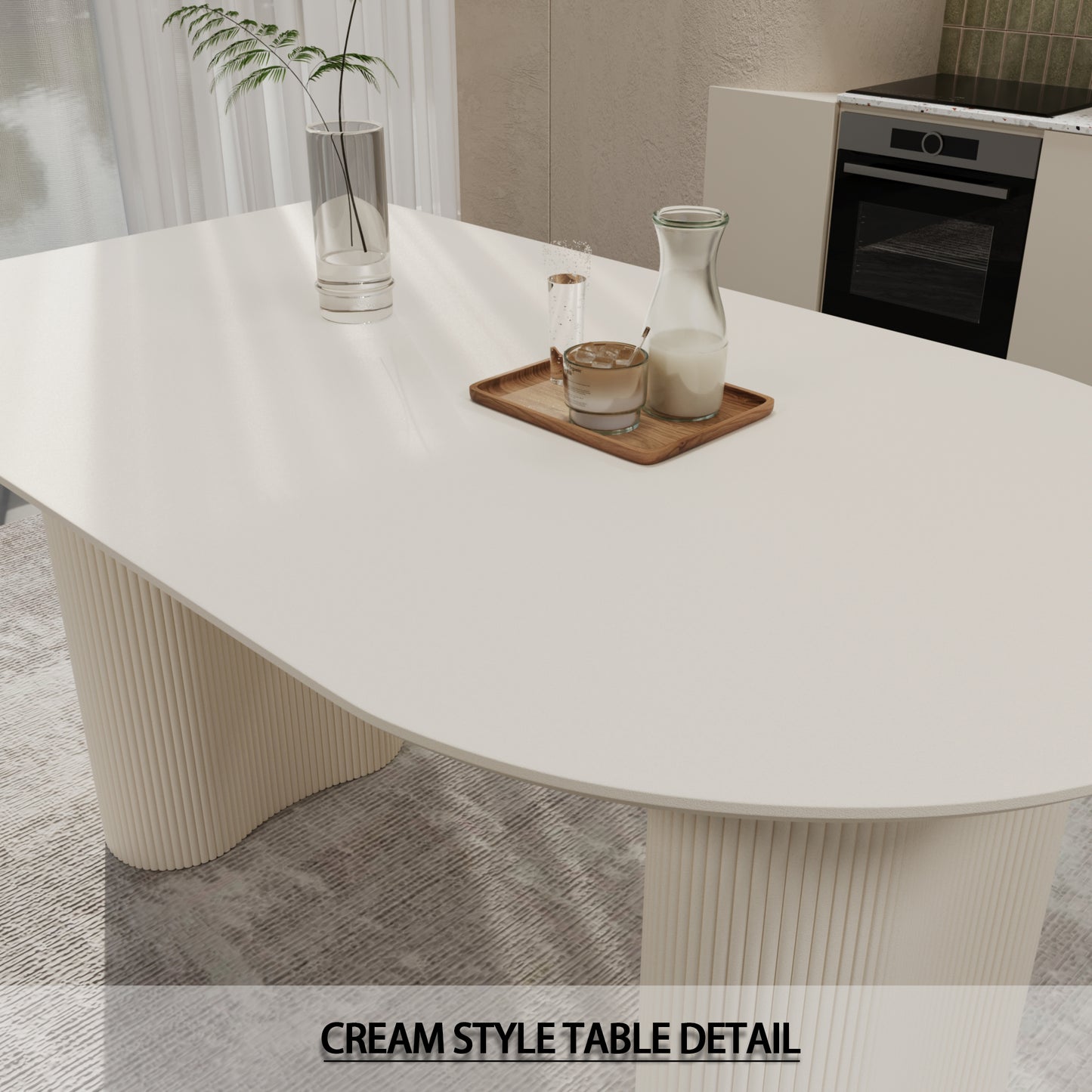 63 "Modern Fashion MDF New Cream Style Coffee Table and Irregular Side Table, 4-8 Person Dining Table, Thick Engineering Wood Round Wave Table Legs, Home Kitchen Thick Elegant Cream White Table Top