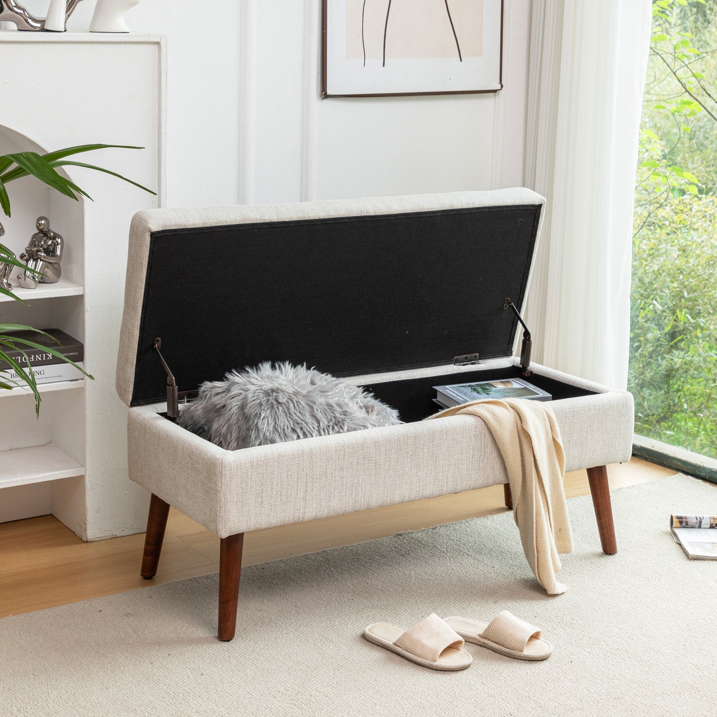 Storage Bench with Storage Bench for Bedroom End of Bed Bench Foot of Bed Bench Entryway Bench Storage Ottoman Bench 43.7" W x 18.1" D Off White Bench