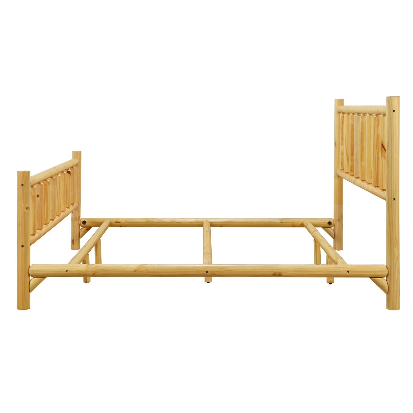 Farmhouse Log Bed Frame King Rustic Style Pure Solid Pine Cylinder Construction Bed Fits Mattresses and Box Springs, Natural Finish