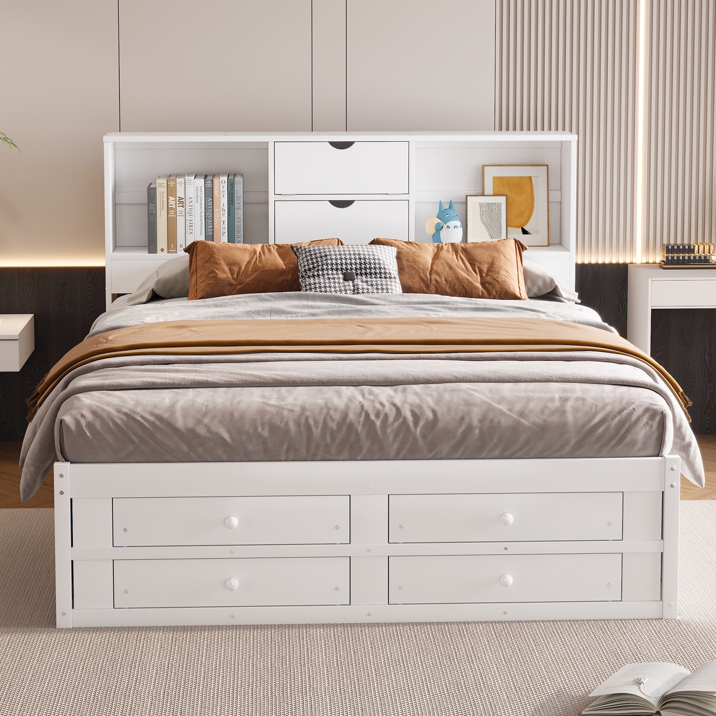 （缺货）King Size Platform Bed with Storage Headboard and 8 Drawers, White