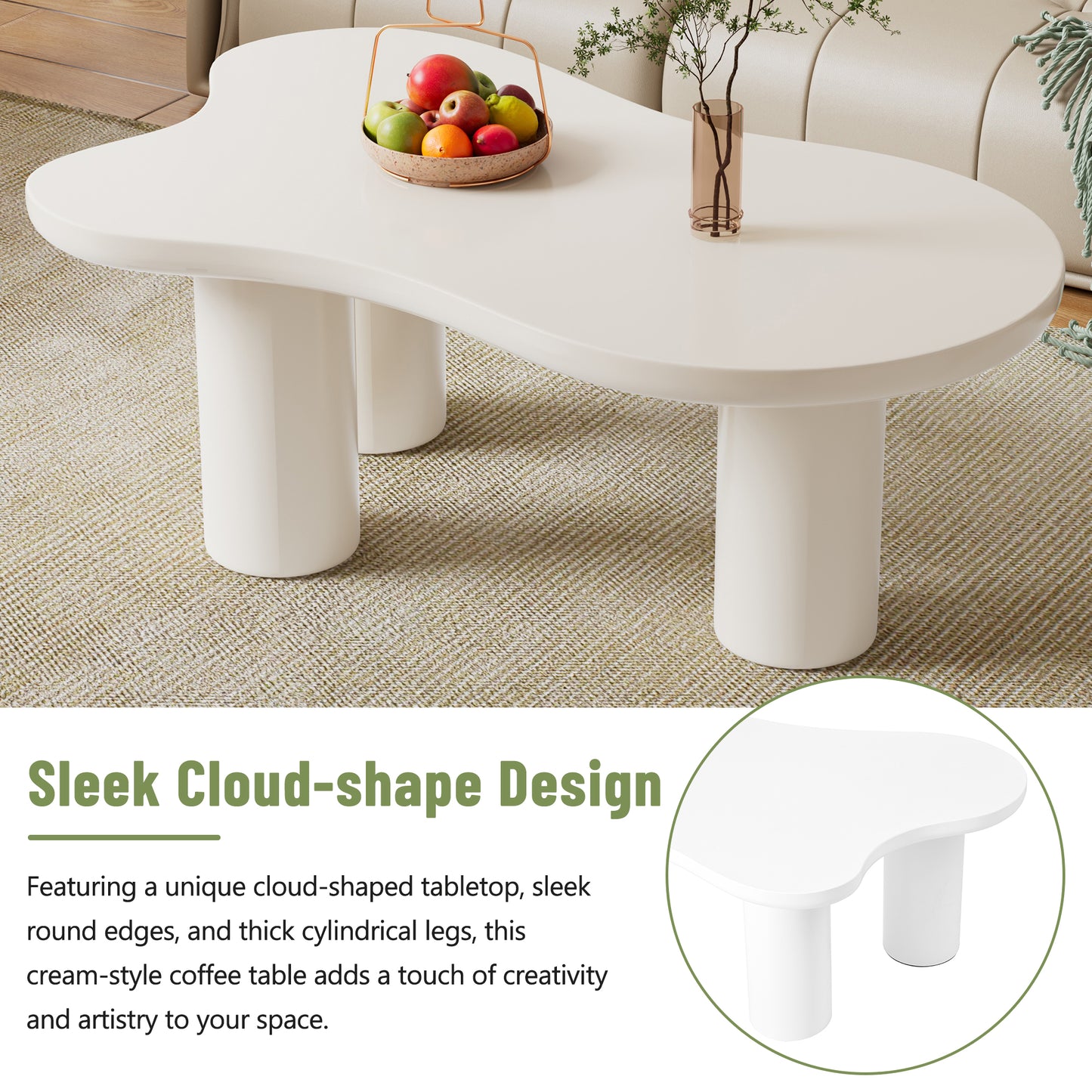 ON-TREND 44'' x 25.9'' Easy Assembly Cloud Coffee Table with 1.5'' Thick Tabletop, Cream Style Irregular End Table with 3 Sturdy Legs, Sleek Center Table with Round Edge for Living Room, White