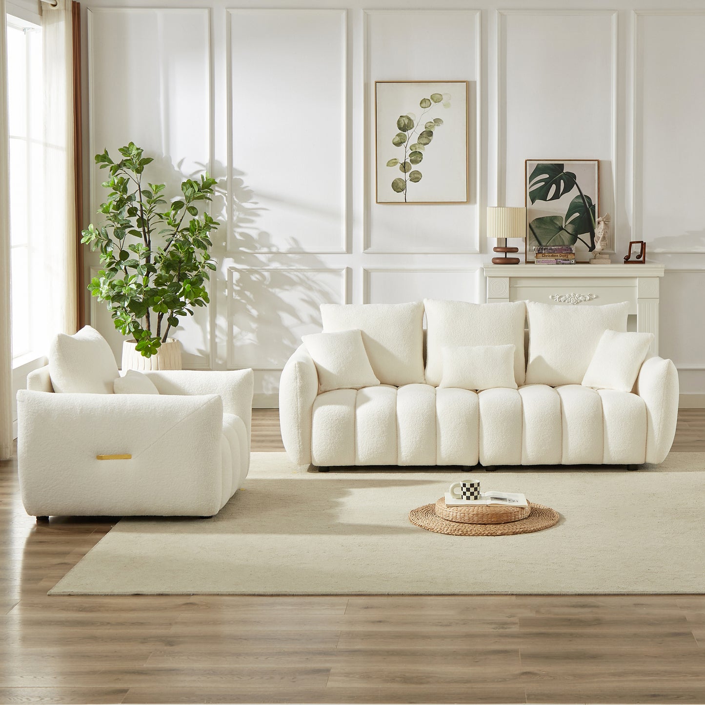 （预计12.23-12.30到货）3 Seater + 1 Seater Combo Sofa Modern Living Room Sofa, Teddy Sofa, Wooden Frame, 4 Cushions, Apartment Sofa Furniture