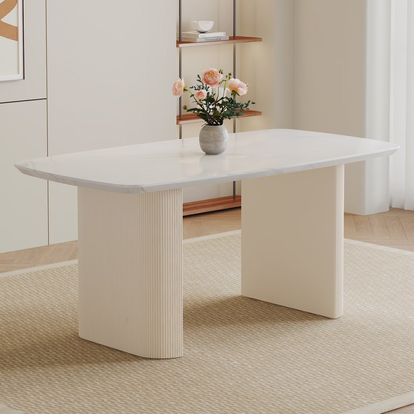 Cream style MDF white dining table.It is a furniture with a warm and soft appearance, suitable for creating a comfortable and friendly dining environment, suitable for kitchens, dining