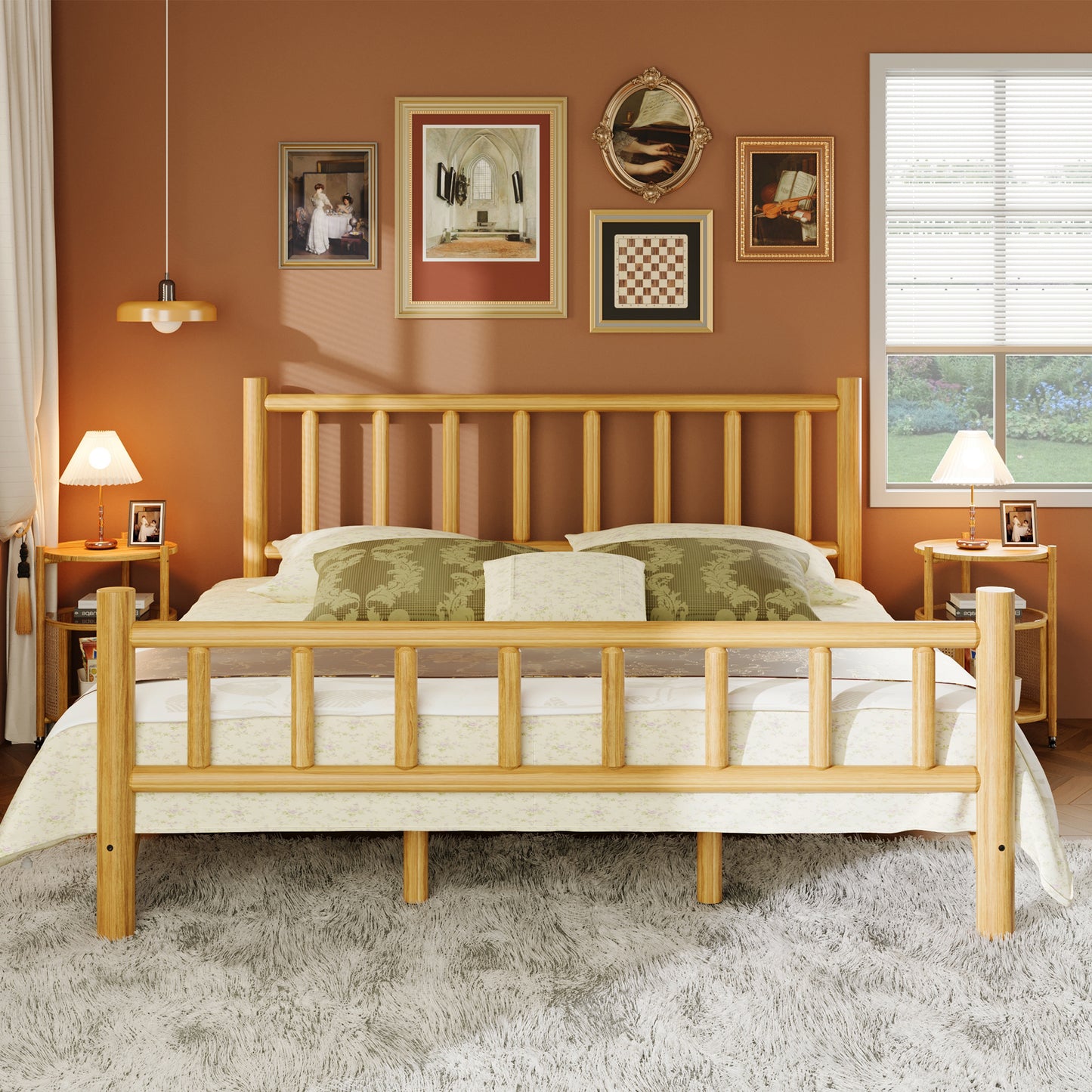 Farmhouse Log Bed Frame King Rustic Style Pure Solid Pine Cylinder Construction Bed Fits Mattresses and Box Springs, Natural Finish