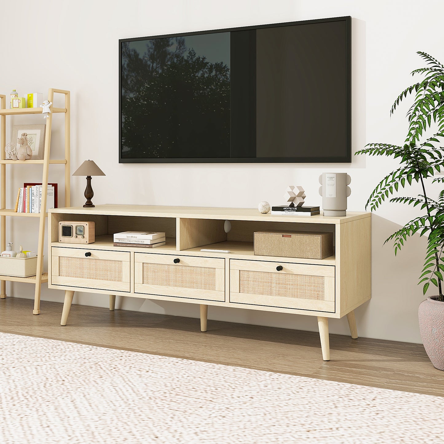 Rattan TV Stand with Solid Wood Feet, TV Console Table for Living Room, Natural