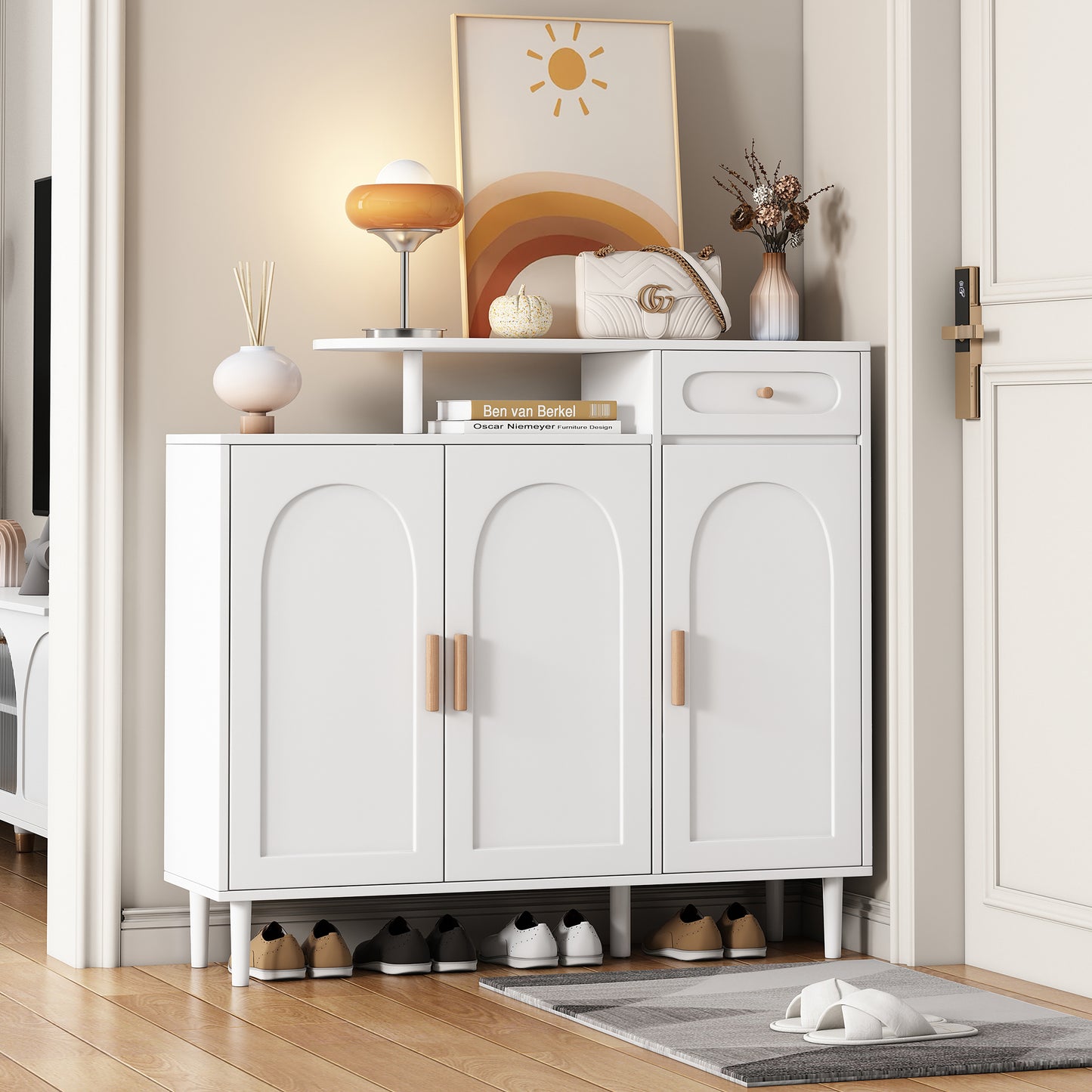 ON-TREND Elegant Shoe Cabinet with Arched Doors and Drawer, Cream Style Storage Sideboard with Adjustable Shelves and Solid Wood Legs for Entryway, Living Room, White