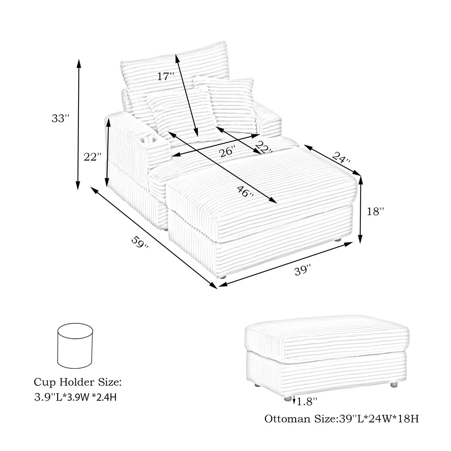 39-inch Spring upholstered armchair and Ottoman set - comfortable single sofa with cup holder and corduroy fabric, perfect for living room or bedroom