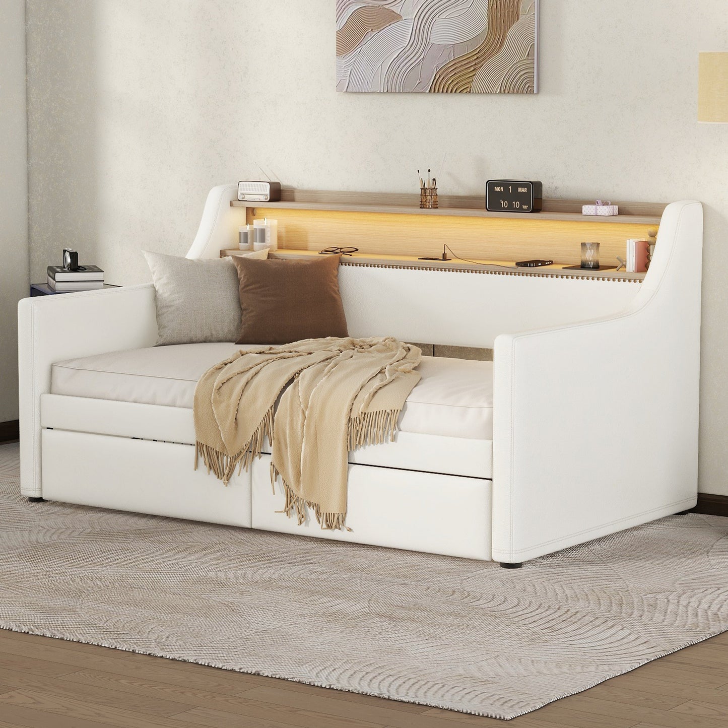 Twin Size Daybed with Storage Drawers, Upholstered Daybed with Charging Station and LED Lights, White