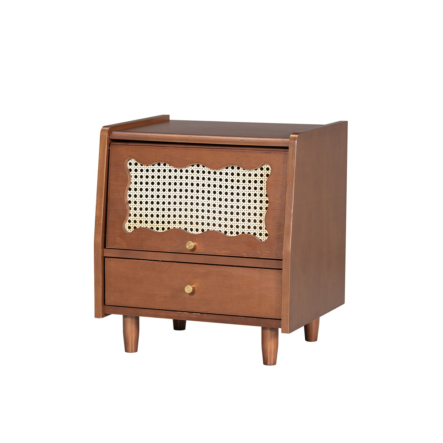 Wooden Nightstand with Rattan-Woven Storage Cabinet and 1 Drawer, Exquisite Elegance with Natural Storage Solutions for Bedroom, Walnut