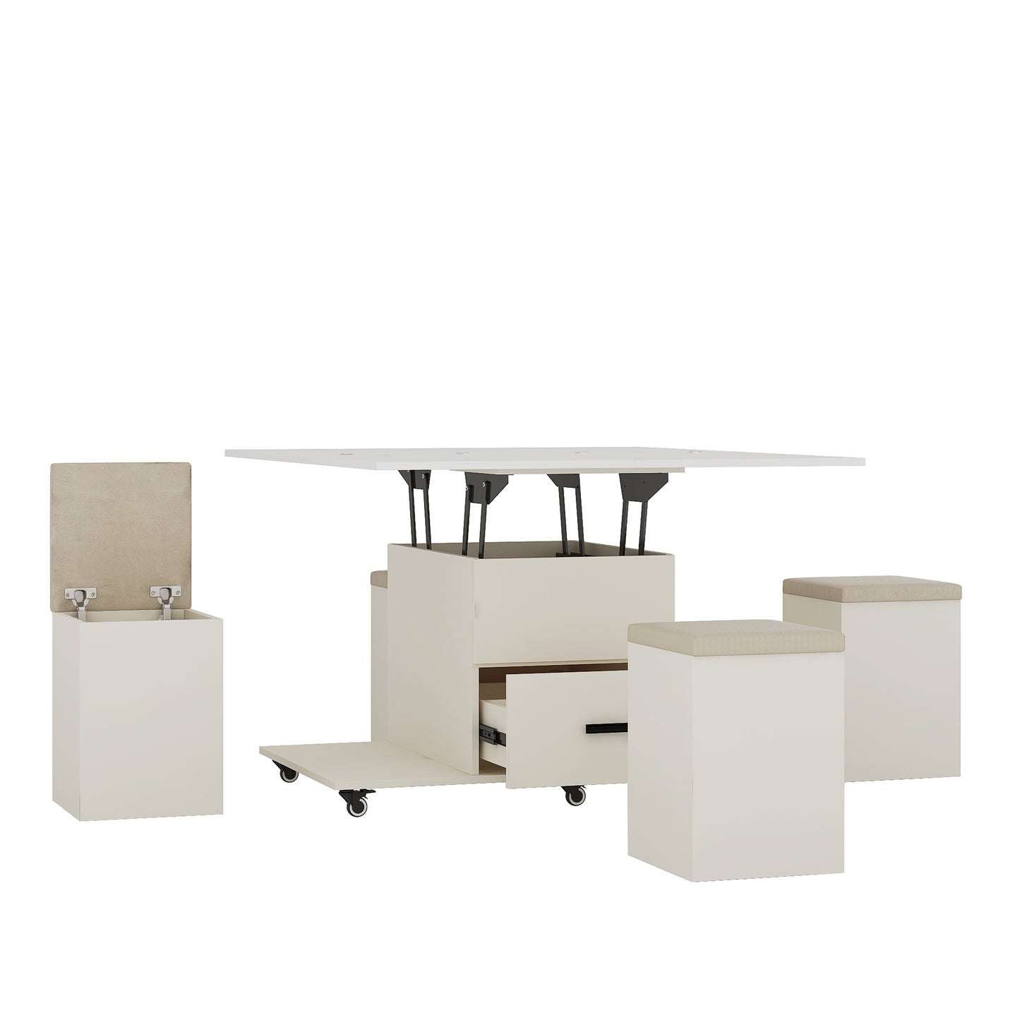 Modern Lift-Up Coffee Table with 4 Stools Set for Living Room Expandable 1 Hidden Storage + 2 Drawers Space Saving Folding Dining Table