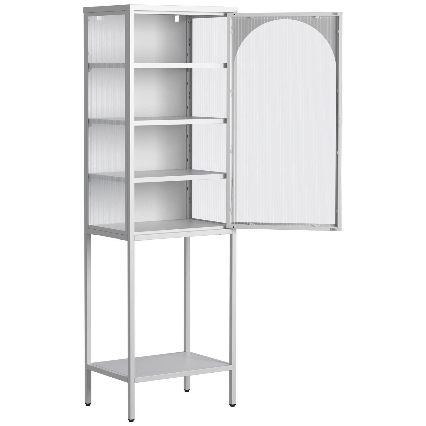 Metal Glass Door Display Storage Cabinet - 5-Tier Cube Bookshelf Storage Cabinet with 3 Adjustable Shelves For kitchen, dining room, living room, bathroom, home office,White