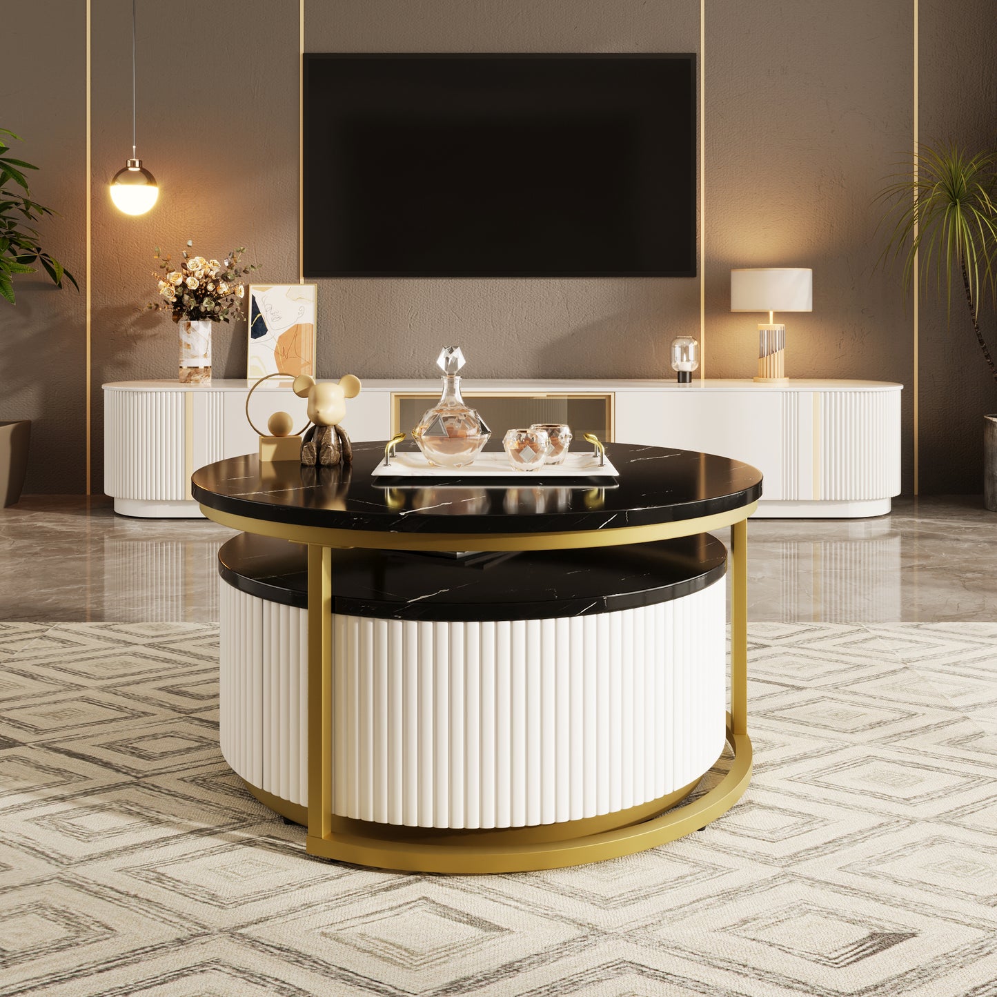 Modern Round Nesting Coffee Table Fluted with Drawer in Black & Gold in 31.5''