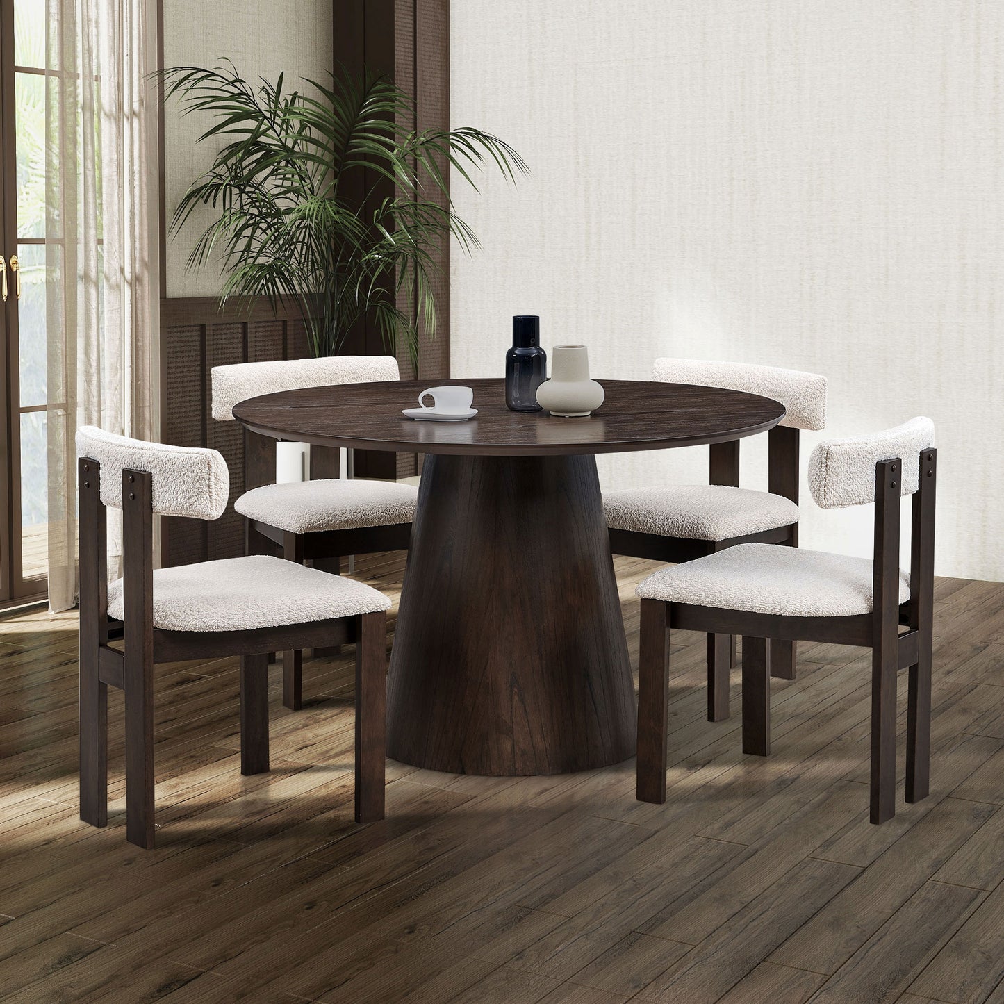 (1 Table with 4 Chairs)Wooden Dining Table Set, Modern Round MDF Kitchen Table and Boucle Upholstered Dining Chairs for Dining Room, Kitchen, Saving Space, Dark Brown