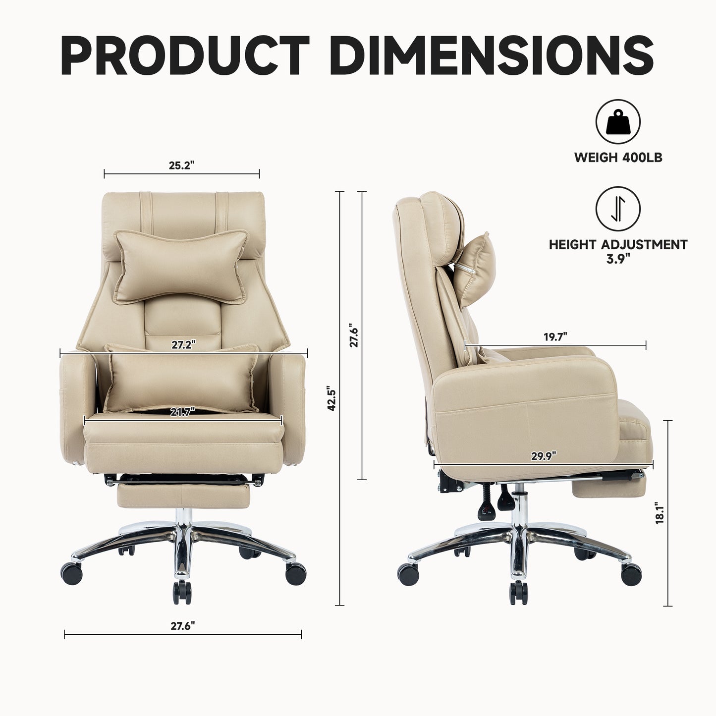 Swivel Ergonomic Office Chair, Technology Leather High Back Office Chair with Lumbar Support Headrest, Sedentary Comfortable Boss Chair, 155° Reclining Computer Chair (Color : Beige)