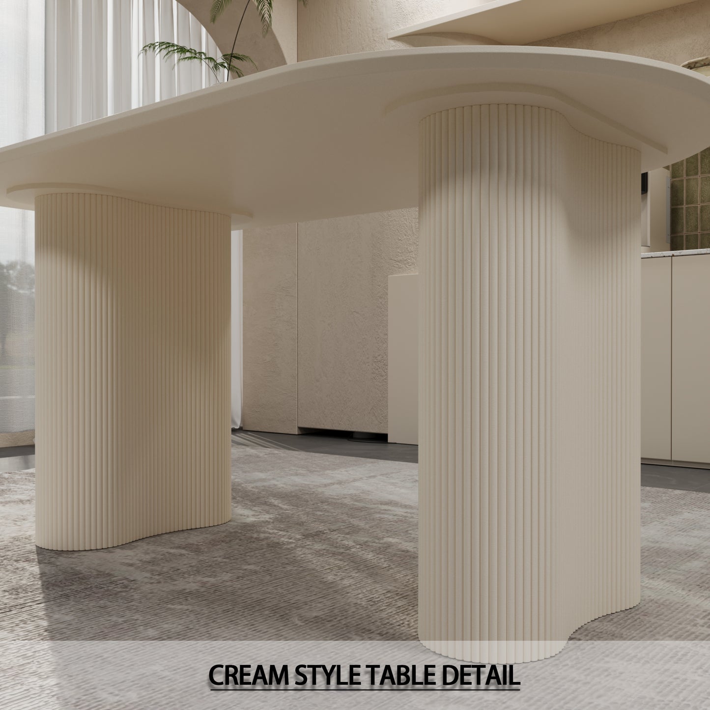 63 "Modern Fashion MDF New Cream Style Coffee Table and Irregular Side Table, 4-8 Person Dining Table, Thick Engineering Wood Round Wave Table Legs, Home Kitchen Thick Elegant Cream White Table Top