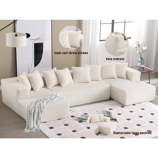 131'' Modular Sectional Couch, U-shaped sofa , Chaise Lounge, Striped fabric,Upholstered 4 Seater Couch for Living Room, Bedroom, Free Combination Sofa (Corduroy),White