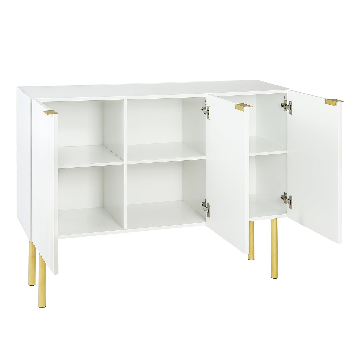 TREXM Modern Simple & Luxury Style Sideboard Particle Board & MDF Board Cabinet with Gold Metal Legs & Handles, Adjustable Shelves for Living Room, Dining Room (White)