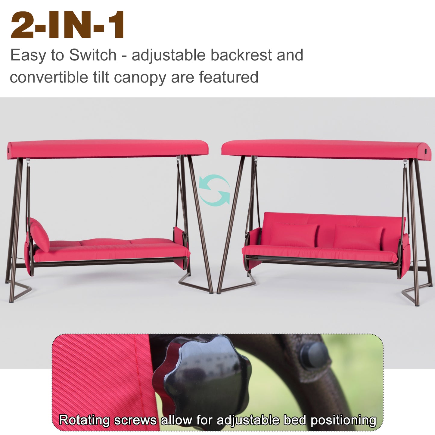 Outdoor Patio 3 seaters Metal Swing Chair Swing bed with Cushion and Adjustable Canopy Red Color