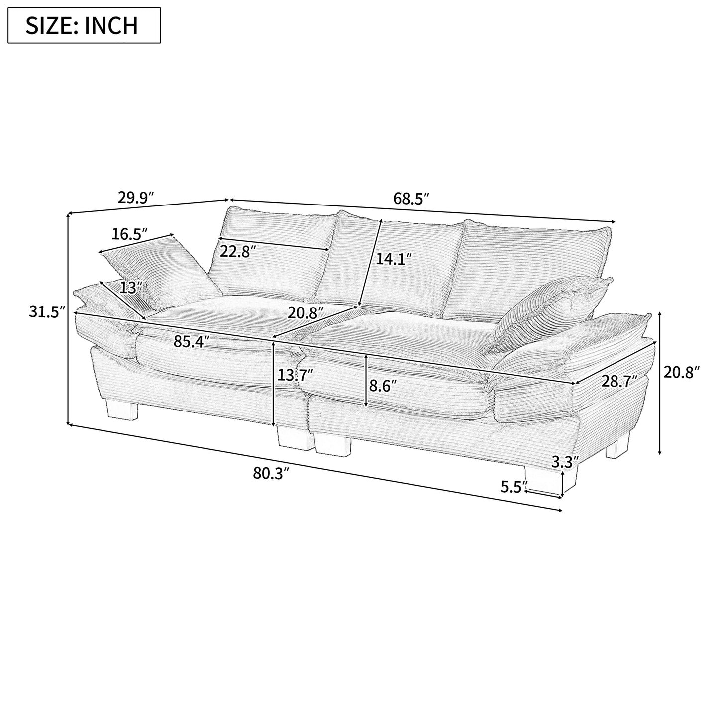 U-Style 85.4" Modern Curved Sofa, Back Upholstered Couch with 2 Decorative Throw Pillows, Corduroy Fabric Couch for Living Room, Bedroom , Apartment