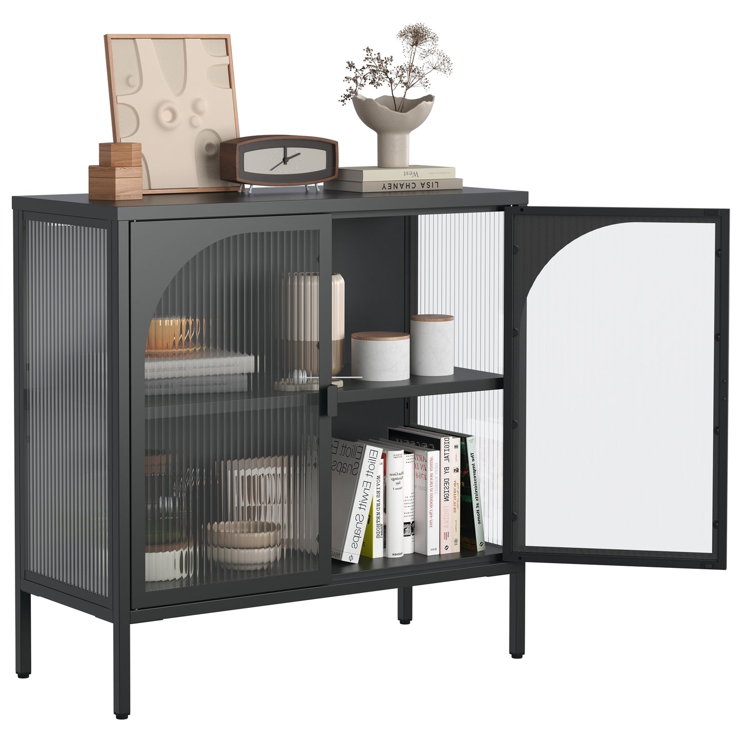 Metal Sideboard Cabinet,Accent Storage Cabinet with 2 Glass doors,Modern Coffee Bar Cabinet with Adjustable Shelves 154 lbs Capacity for Kitchen, Living Room and Hallway, Black