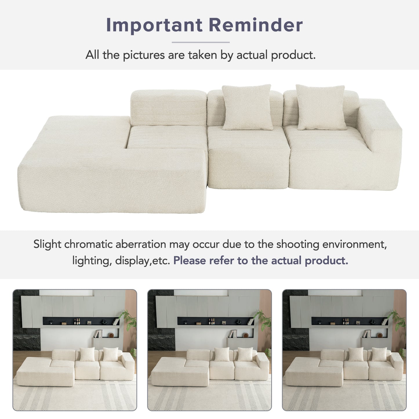 116.5" Sectional Sofa Full-compressed Sofa Couch Free-combined Sofa for Living Room, Beige