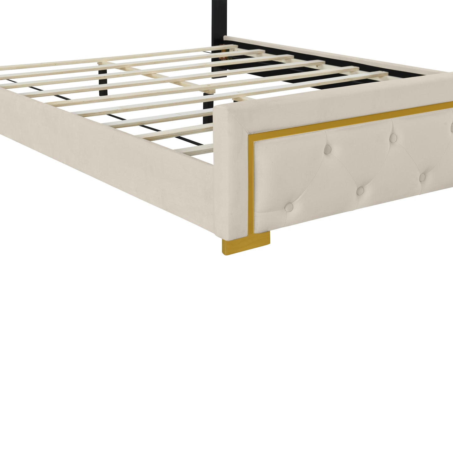 Queen Size Upholstered Platform Bed With Pull Point Headboard And Metal Wire Frame At The Head And Foot Of The Bed, Metal Feet, Velvet, Beige