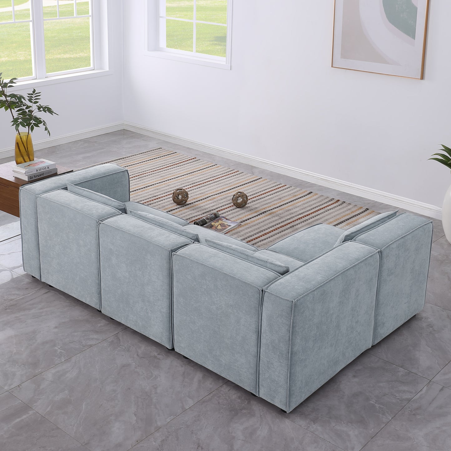 modular sofa Grayish blue chenille fabric, simple and grand, the seat and back is very soft. this is also a KNOCK DOWN sofa