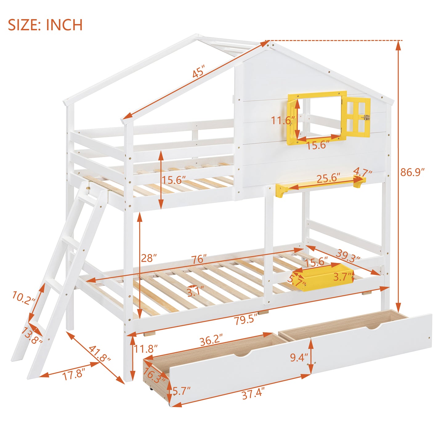 Twin over Twin Bunk Bed with 2 Drawers, 1 Storage Box, 1 Shelf, Window and Roof-White(OLD SKU:LT001608AAK)