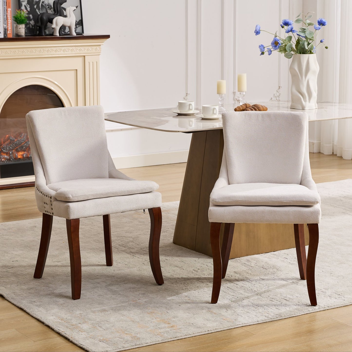 （预计12.29-1.5到货）Modern Dining Chairs Set of 2,Double-layer Cushioned Chenille fabric Upholstered Accent Side Leisure Chairs with Mid Back and Curved Solid Wood Legs for Living Room/Dining Room-Beige