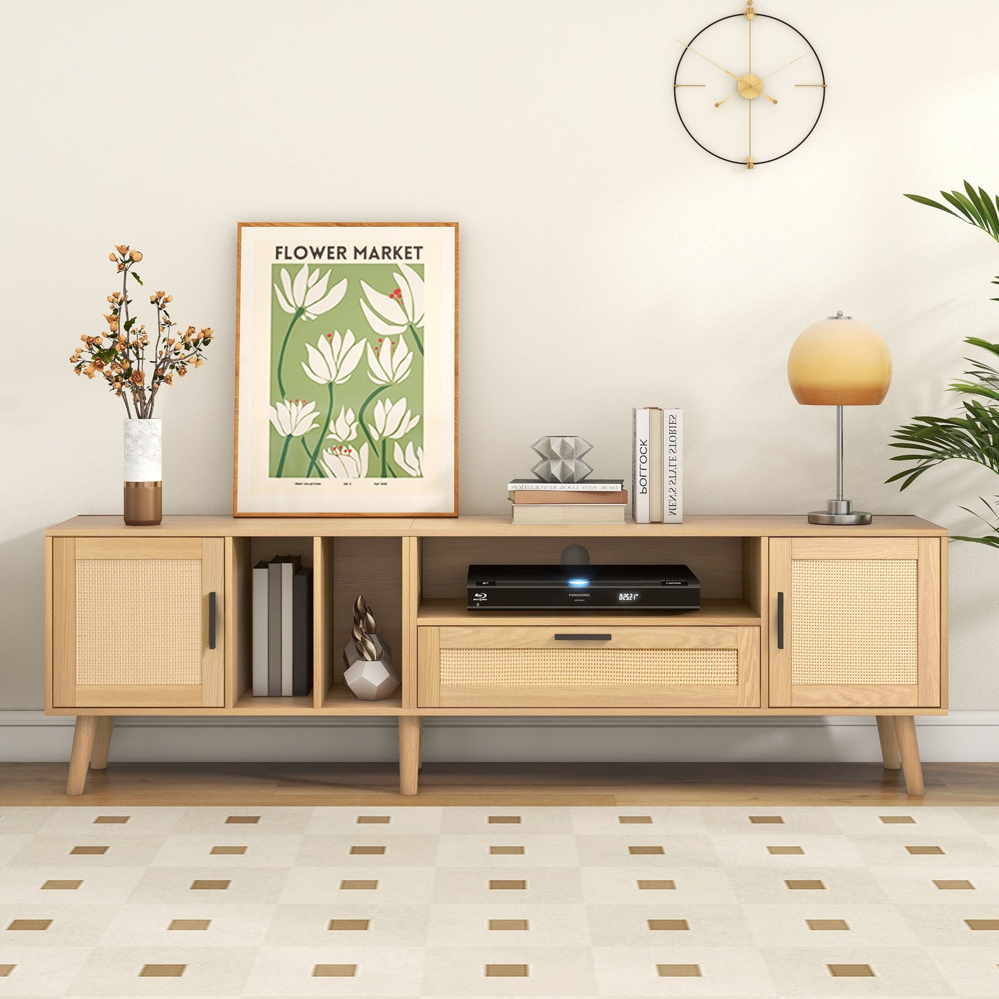 Rattan TV Stand with 2 Cabinets & 2 Open Shelves, Rattan-inspired Media Console Table for TVs up to 80'', Entertainment Center with Solid Wood Legs, TV cabinet for Living room, Bedroom, Home Theatre