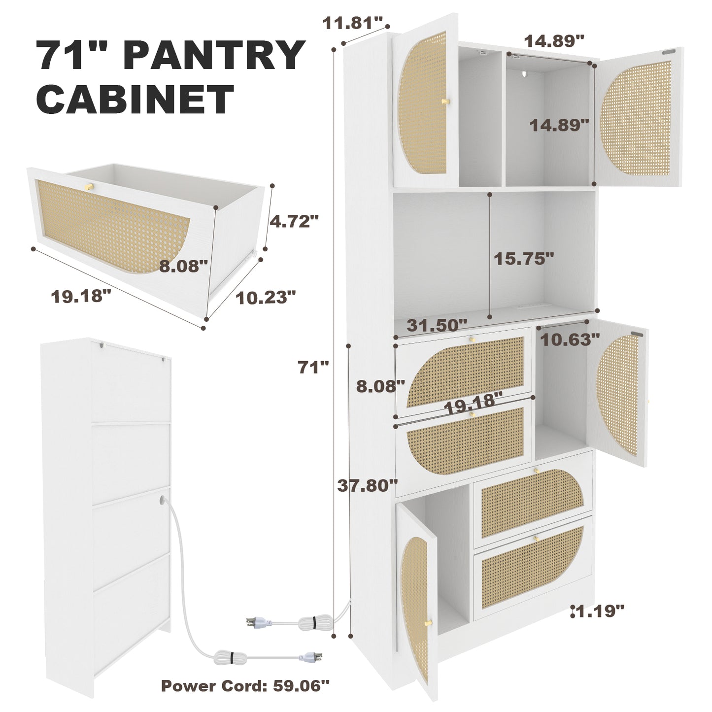 Storage Cabinet with Rattan Doors, Tall Freestanding Hutch Cabinet with Power Outlet,4 cabinet door and 4 Drawers& 1 Large Countertop, Buffet Drawer Cabinet door design