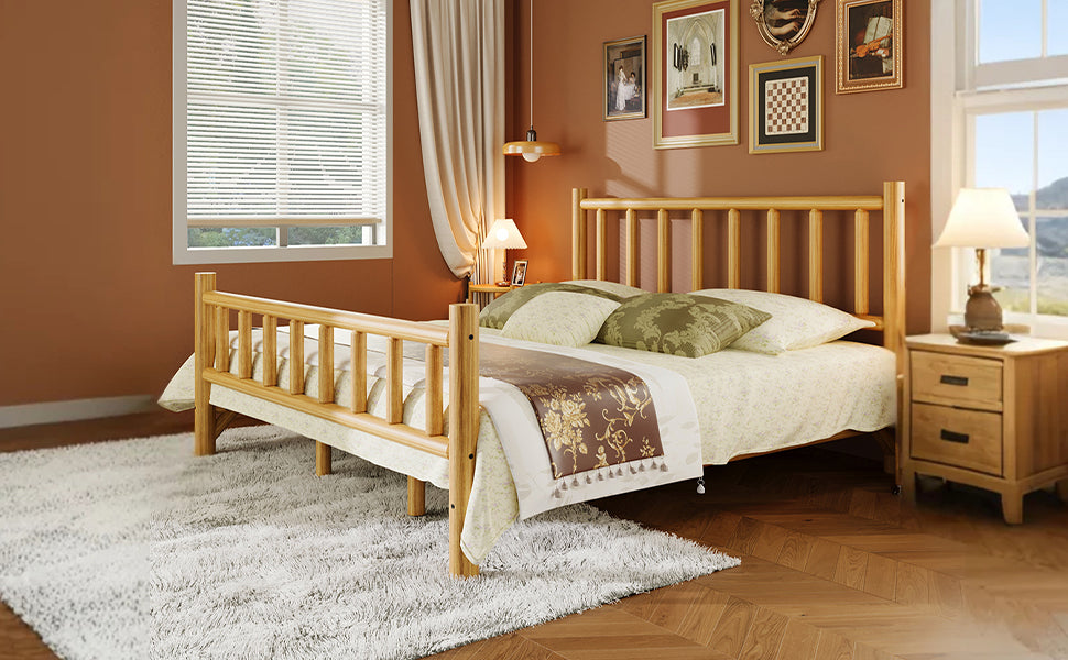 Farmhouse Log Bed Frame King Rustic Style Pure Solid Pine Cylinder Construction Bed Fits Mattresses and Box Springs, Natural Finish