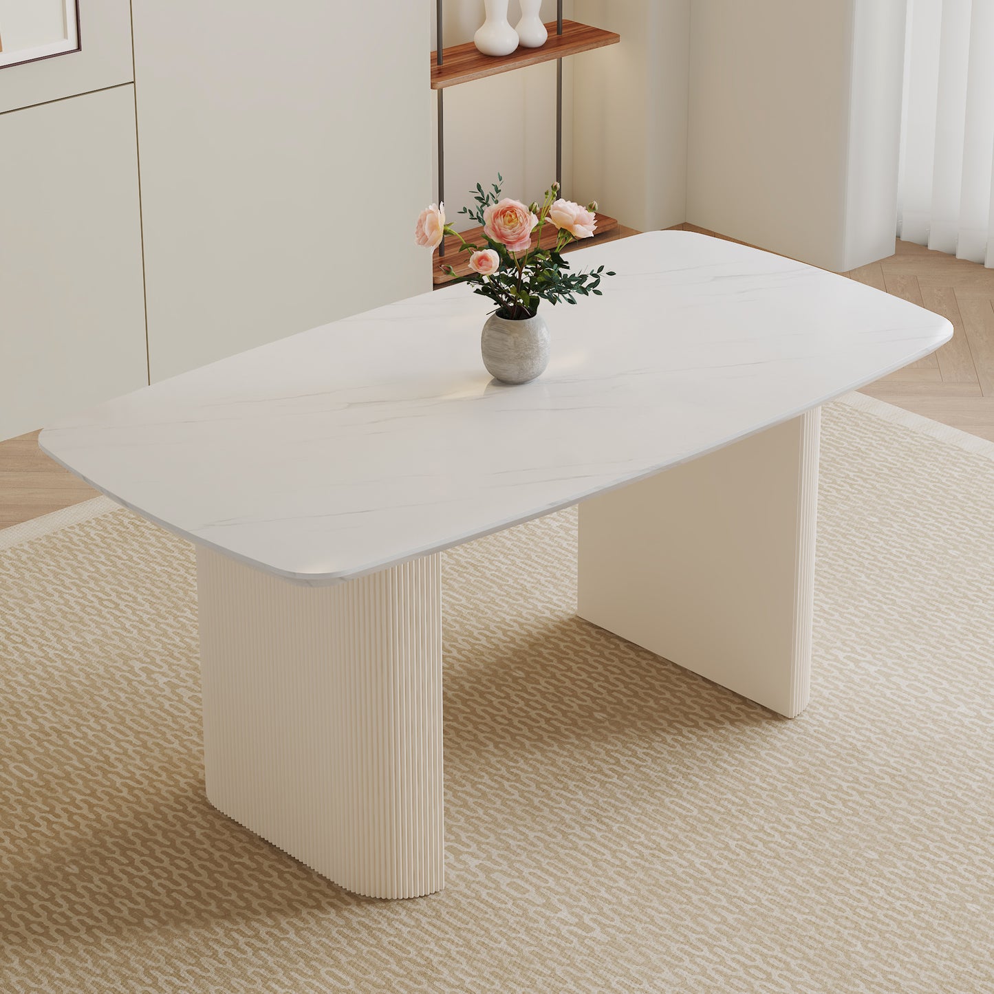 Cream style MDF white dining table.It is a furniture with a warm and soft appearance, suitable for creating a comfortable and friendly dining environment, suitable for kitchens, dining