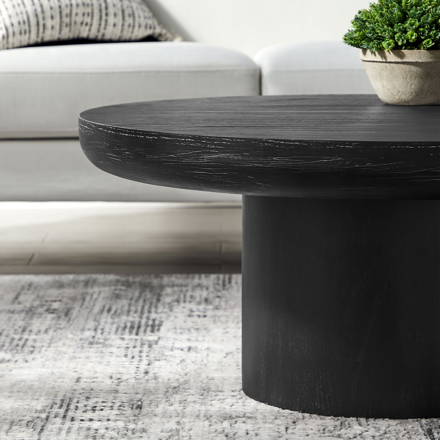 35.98inch Round Coffee Table with Cylindrical Leg,Wood Veneer Tabletop Table,Rounded Sofa Side Table for living Room Office,Black