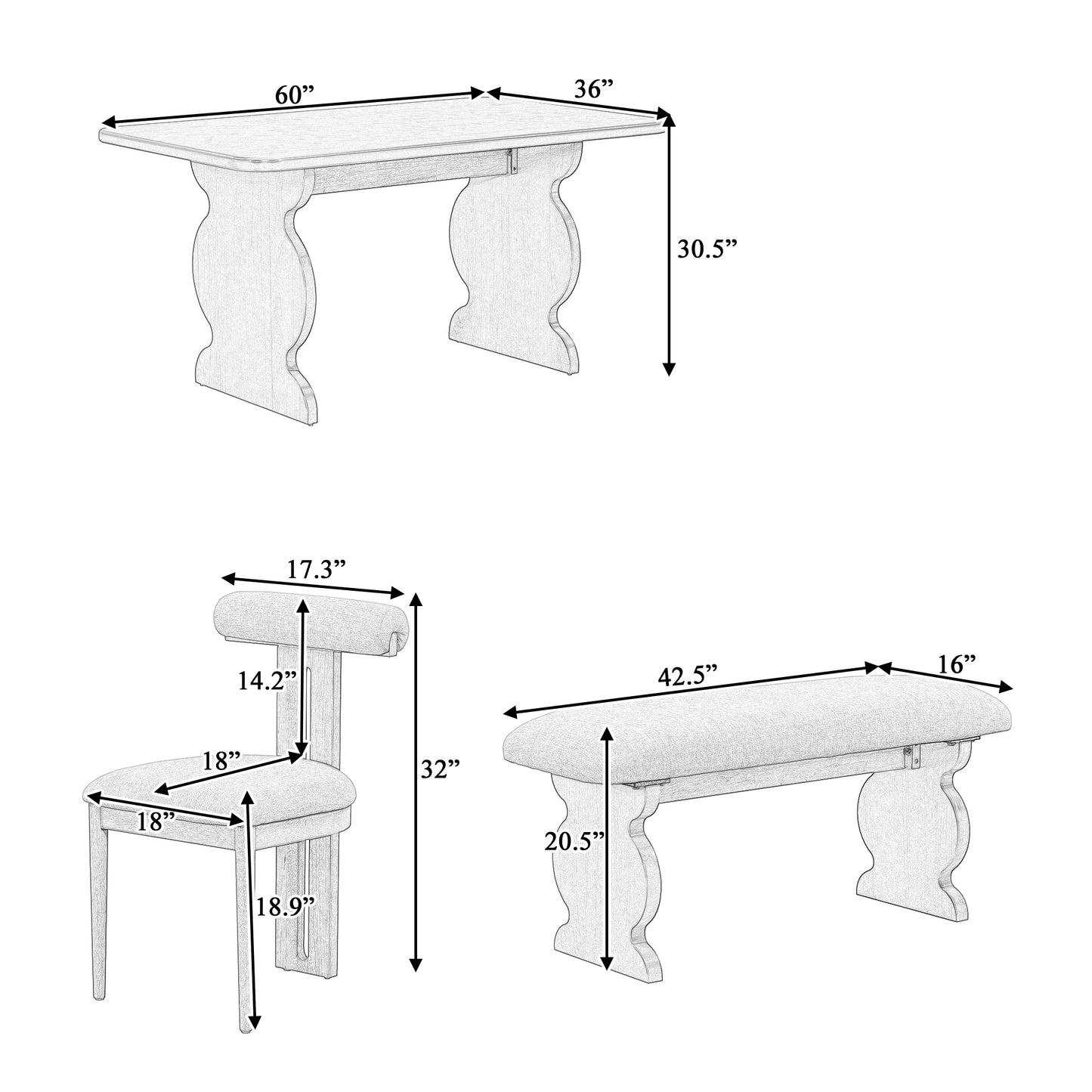 TOPMAX 6-Piece Dining Set, Mid-Century Modern Table Set for 6 Persons with 4 Chairs and Bench, Padded Seats and Backrest, Walnut